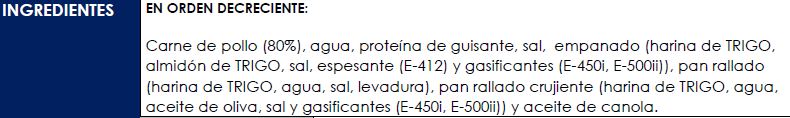 Lista de ingredientes de un producto envasado
